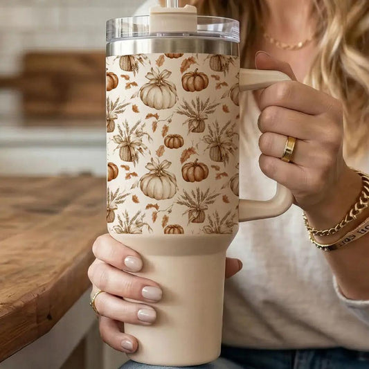 Rustic Pumpkins 40oz travel tumbler by Gia Roma with cream color and autumn pumpkin print on Tampa Home & Garden Store
