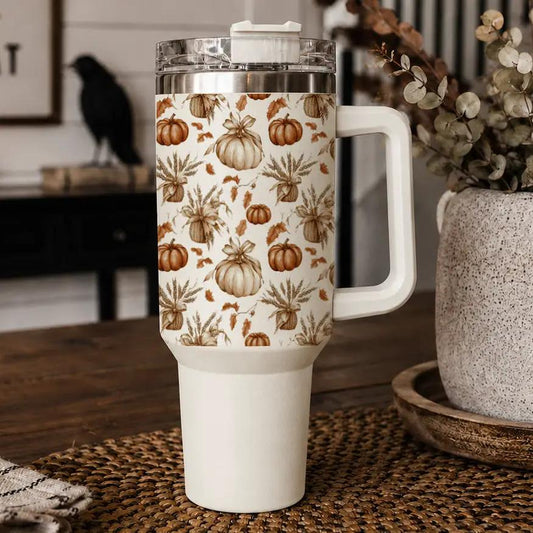 Rustic Pumpkins 40oz travel mug with cream body and autumn pumpkin pattern, clear lid Gia Roma on Tampa Home & Garden Store