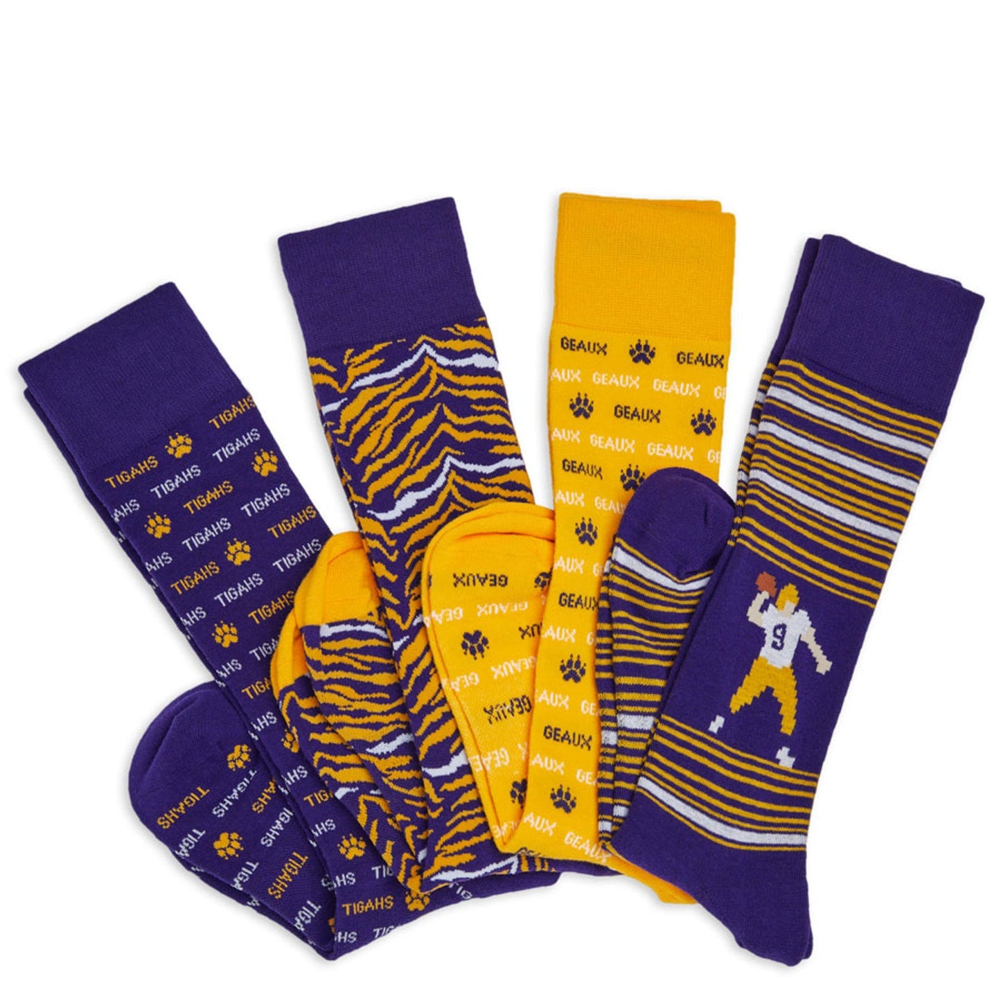 DeadSoxy team colorways socks 4-pack purple and gold with tiger-stripe and paw print designs on Tampa Home & Garden Store