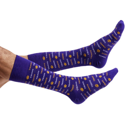 Purple DeadSoxy team-color socks with gold tiger paw prints and TIGERS text pattern on Tampa Home & Garden Store