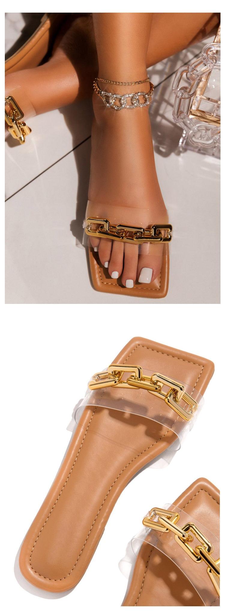 Stevvex tan leather sandals with gold chain strap and clear toe band on Tampa Home & Garden Store