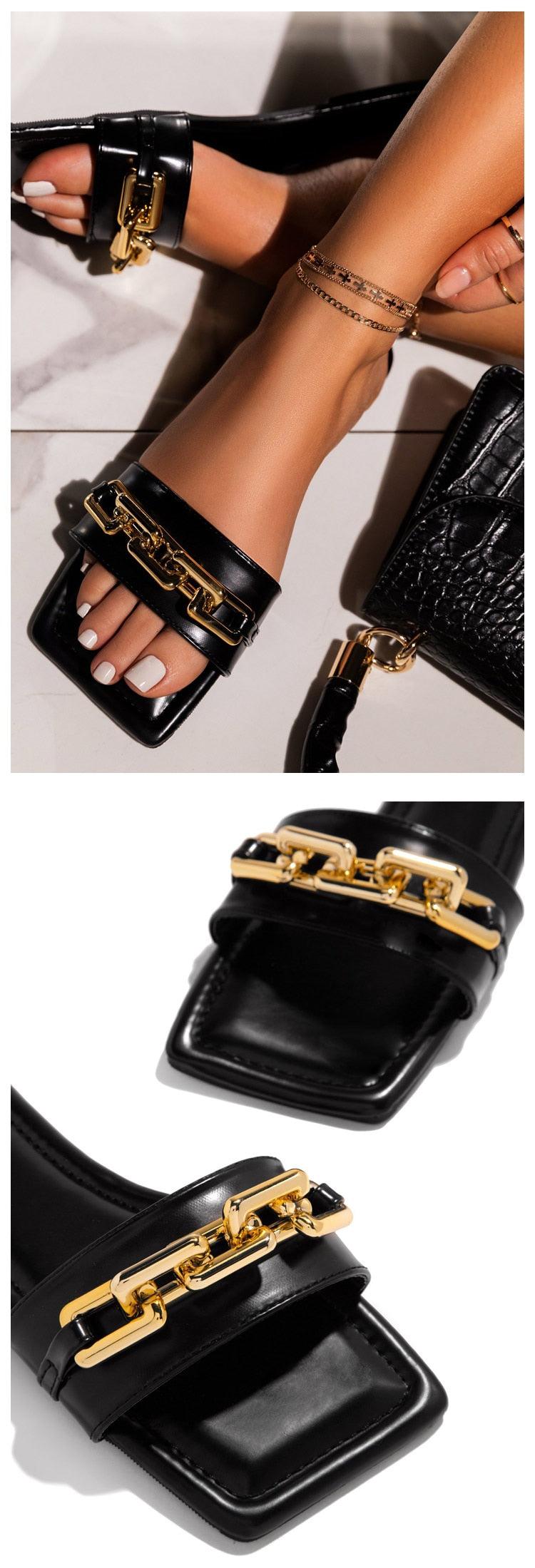 Black leather slide sandals with gold chain strap by Stevvex, square toe on Tampa Home & Garden Store