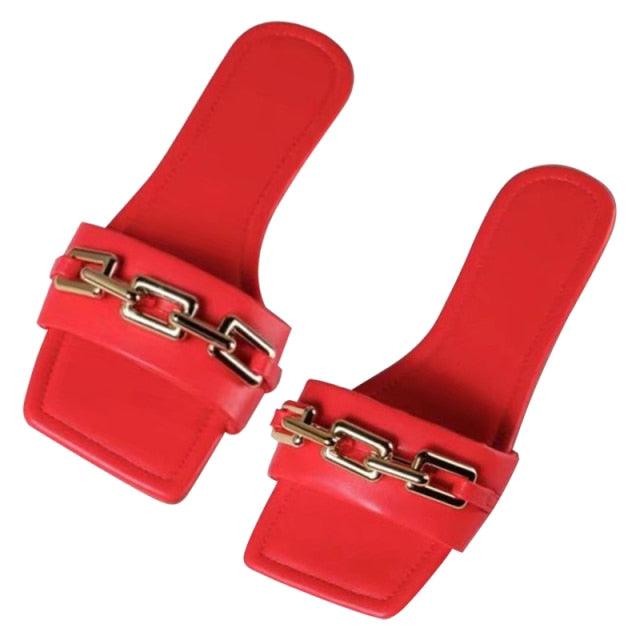 Stevvex women's red leather slides with gold chain band, sandals, pair on Tampa Home & Garden Store