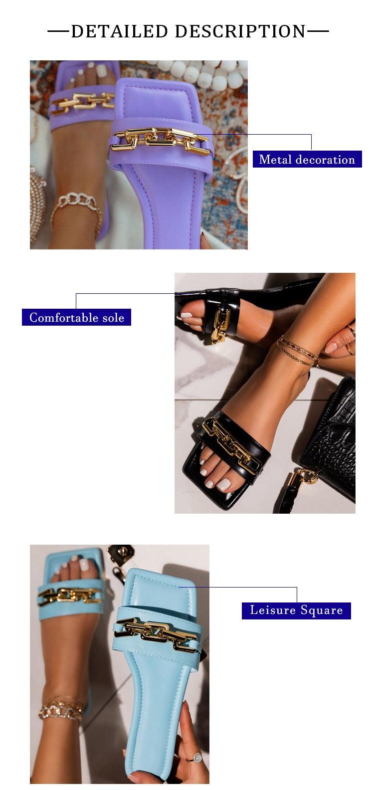 Purple women’s leather slide sandals by Stevvex with gold chain; black and blue options on Tampa Home & Garden Store