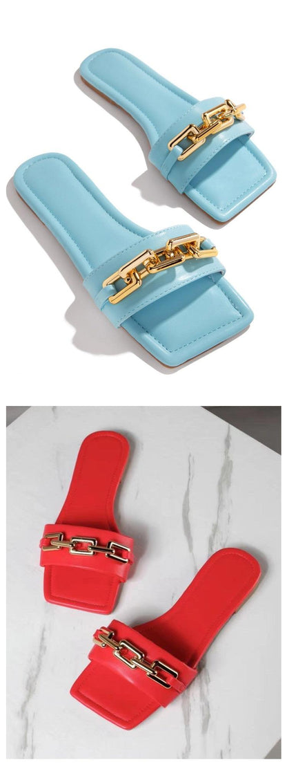 Stevvex women's blue and red leather slides with gold chain strap sandals on Tampa Home & Garden Store