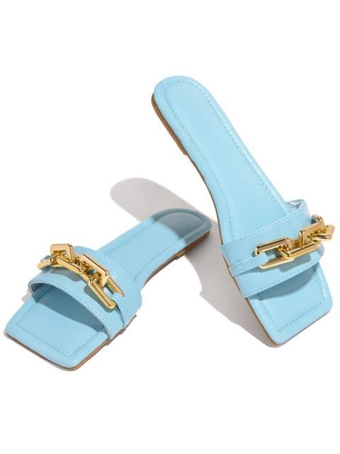 Stevvex blue leather slides with gold chain strap, square-toe sandals, set of 2 on Tampa Home & Garden Store