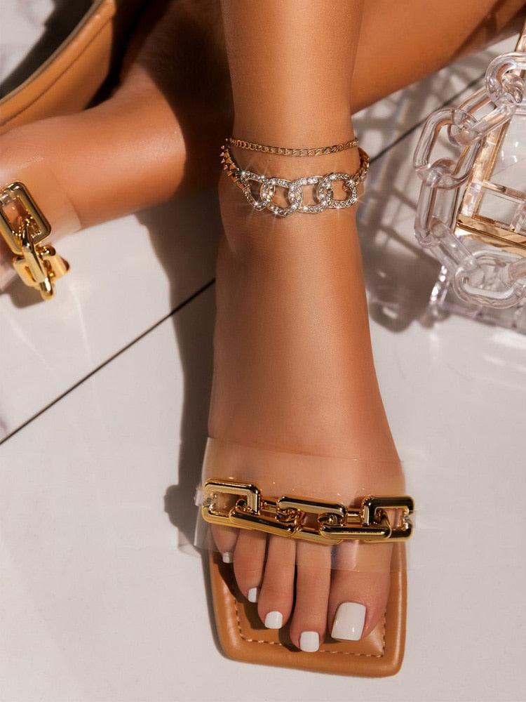 Stevvex leather sandals with a chunky gold chain front strap on tan footbed on Tampa Home & Garden Store