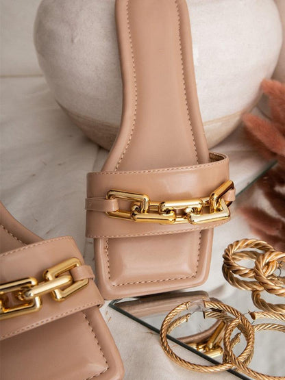 Sandals nude leather slides with gold chain hardware, 2 sandals shown on Tampa Home & Garden Store