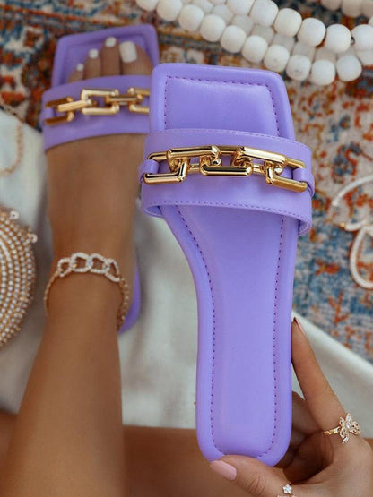 Purple Stevvex women's leather slides with gold chain strap sandals ST85SH7344AZD on Tampa Home & Garden Store