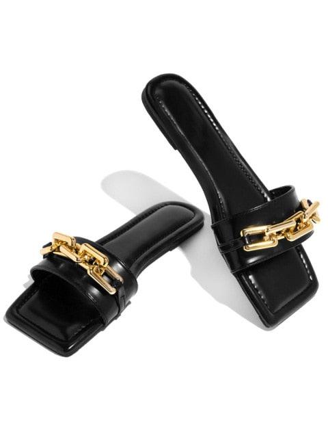 Stevvex black leather slide sandals with gold chain hardware, square toe, pair on Tampa Home & Garden Store