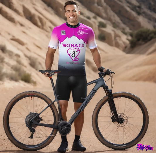 Purple gradient short-sleeve cycling jersey with MONACO FLIPSTYLEZLLC branding on a bike on Tampa Home & Garden Store