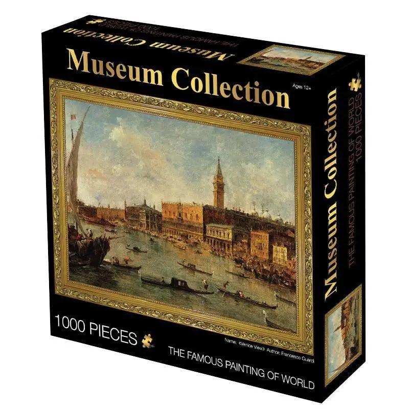 1000-piece puzzle Stevvex Museum Collection landscape harbor scene with boats on a black box on Tampa Home & Garden Store
