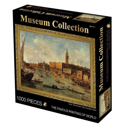 1000-piece puzzle Stevvex Museum Collection landscape harbor scene with boats on a black box on Tampa Home & Garden Store