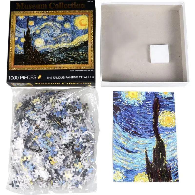 Stevvex 1000-piece Museum Collection Starry Night puzzle set with box and bag of pieces on Tampa Home & Garden Store