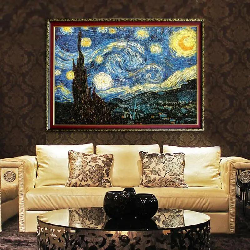 Puzzle 1000-piece Stevvex landscape artwork framed above a beige sofa in a stylish living room on Tampa Home & Garden Store