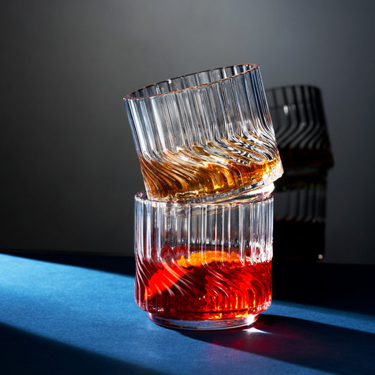Zephyr Crystal Lowball Tumblers by Viski, ribbed red-to-clear glass, set of 2 on Tampa Home & Garden Store