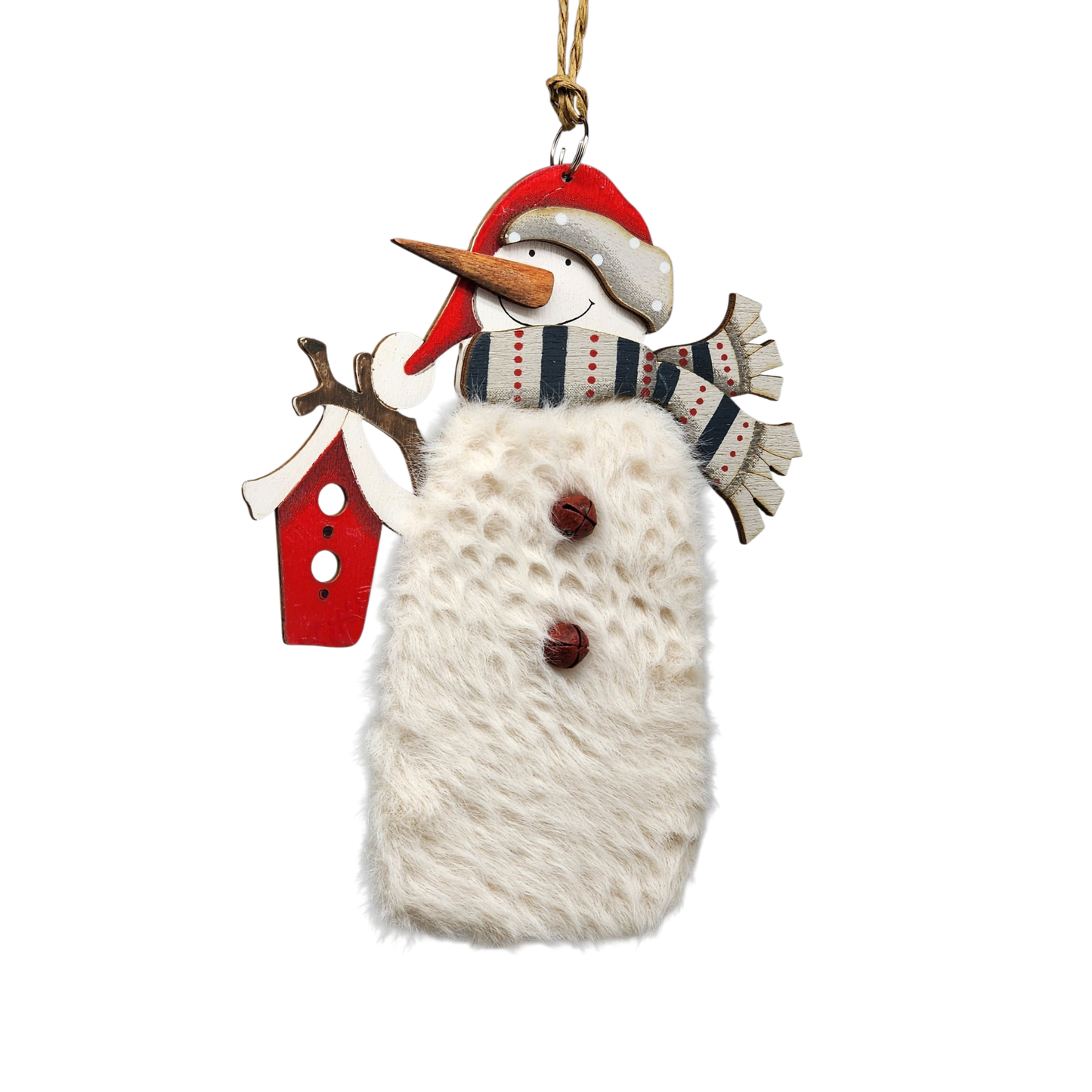 Adorno de muñeco de nieve de madera y piel - Con casa de pájaros