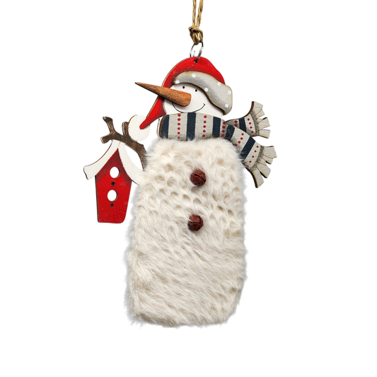 Wood and Fur Snowman Ornament - Holding Birdhouse - Tampa Home & Garden Store