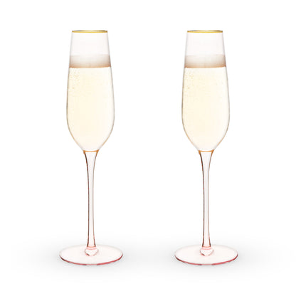 Rose Crystal Champagne Flutes with Gold Rim