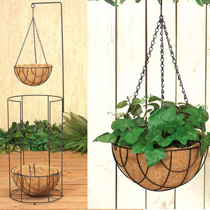Cesta colgante de alambre de metal negro con forro de coco - 30 cm de diámetro
