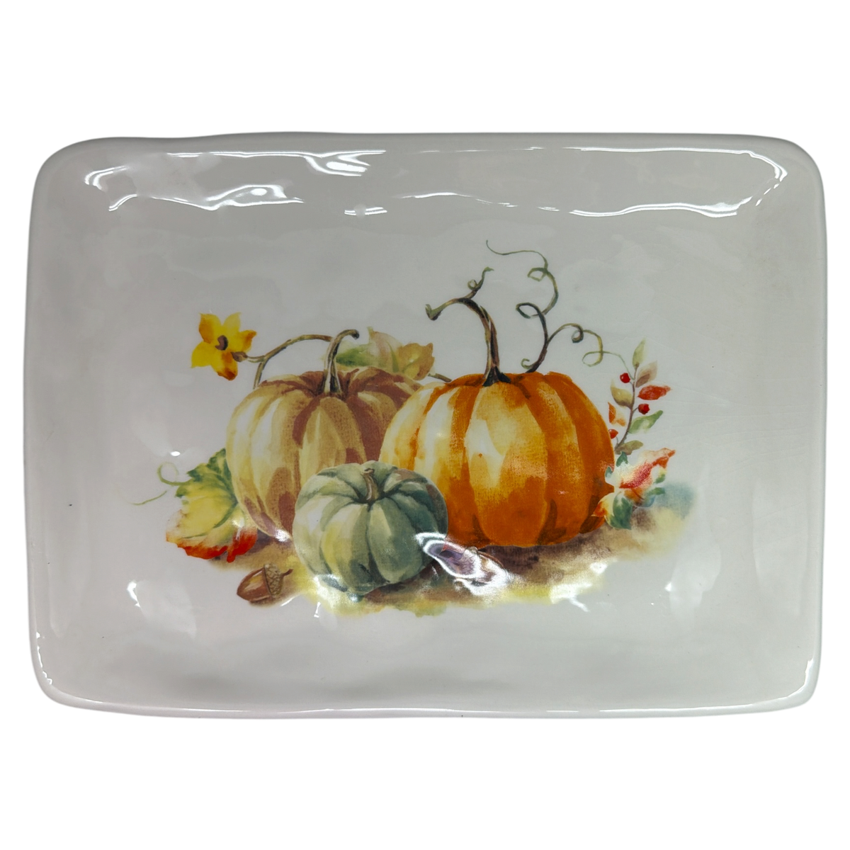 Painted Pumpkin Platter for Fall Gatherings white ceramic with pumpkins by Country Christmas Loft on Tampa Home & Garden Store