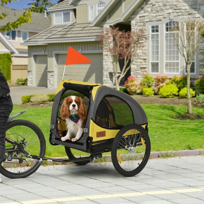 Dog bike trailer for medium dogs, yellow pet stroller with mesh sides and flag on bicycle on Tampa Home & Garden Store