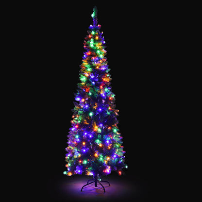 Artificial Kingswood Fir Pencil Christmas Tree with multicolor LED lights on a metal stand on Tampa Home & Garden Store