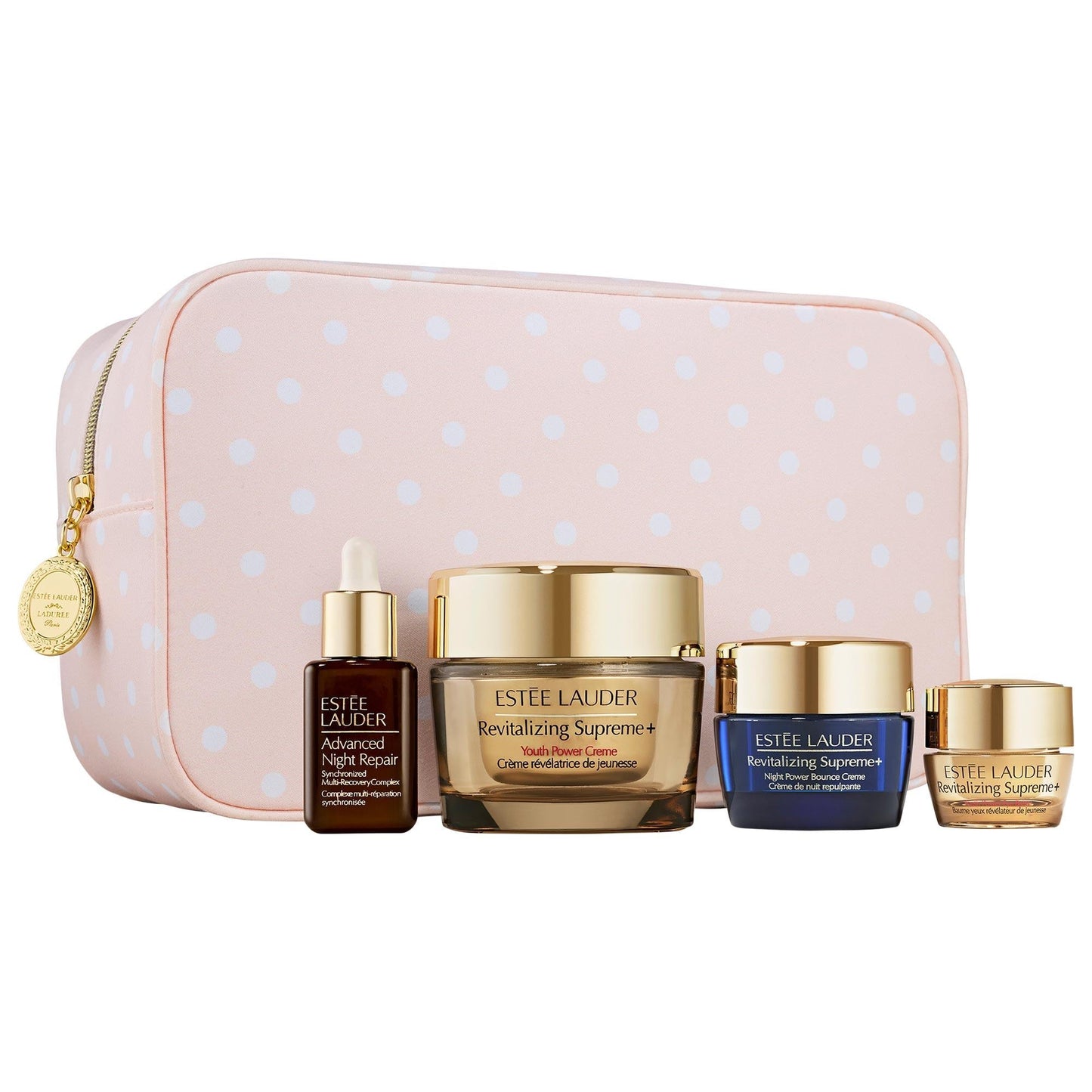 Estée Lauder Revitalizing Supreme+ skincare set in pink polka dot Ladurée bag on Tampa Home & Garden Store