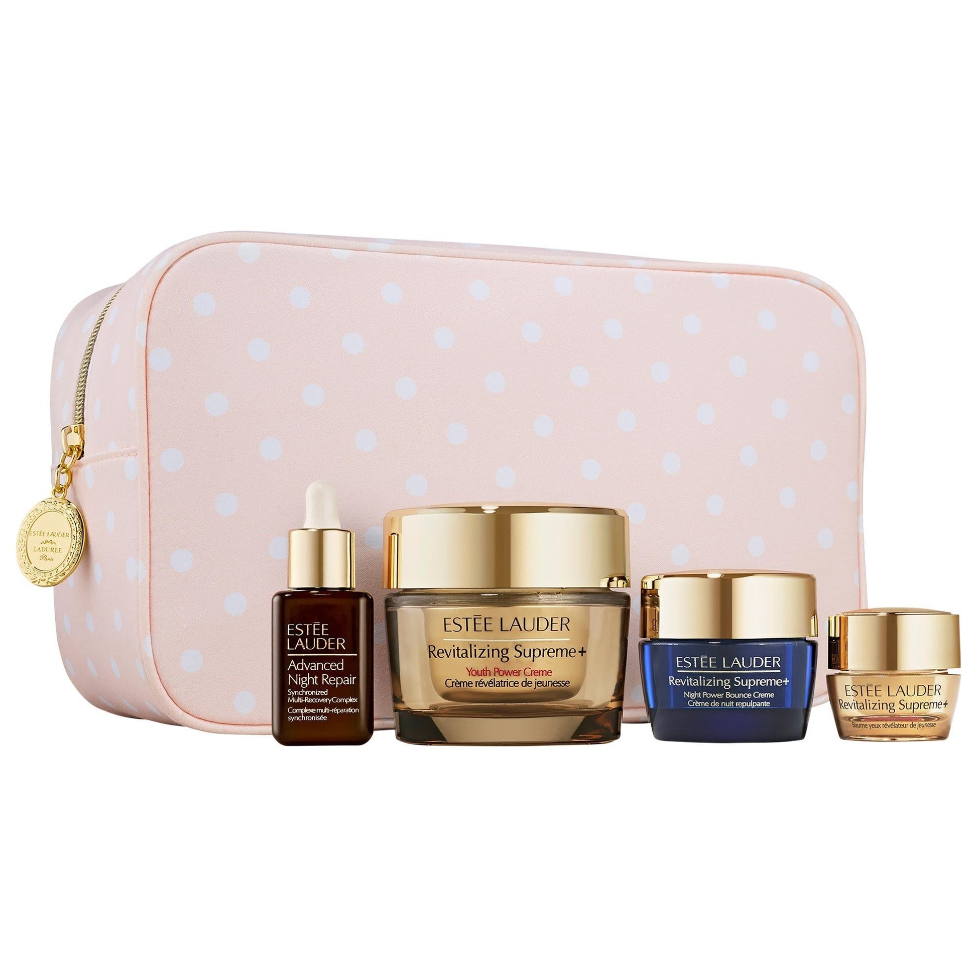 Estée Lauder Revitalizing Supreme+ skincare set in pink polka dot Ladurée bag on Tampa Home & Garden Store