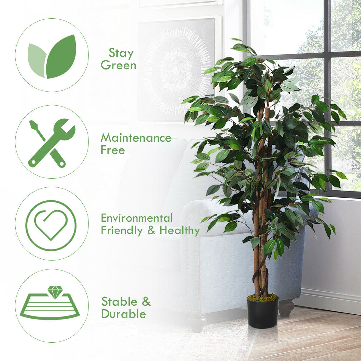 Árbol de seda de ficus artificial de 4 pies para interiores y exteriores