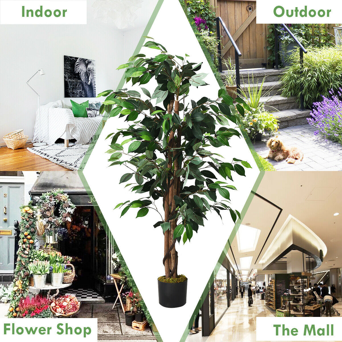 Árbol de seda de ficus artificial de 4 pies para interiores y exteriores