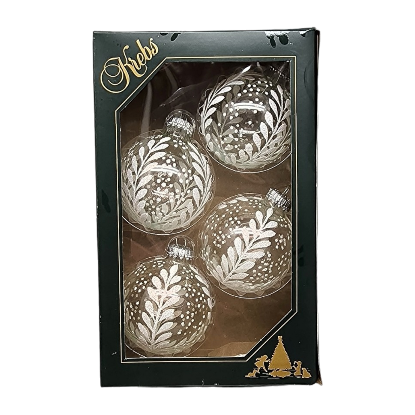 Boules de verre Krebs Value, lot de 4 - Motif botanique neigeux sur fond blanc