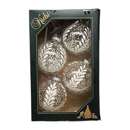 Boules de verre Krebs Value, lot de 4 - Motif botanique neigeux sur fond blanc