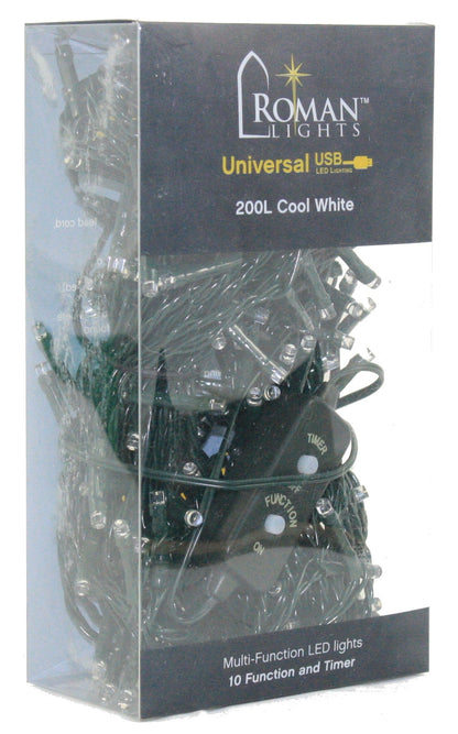 Luces multifunción de cable verde de 200 LED (15,7 m) alimentadas por USB con temporizador - Blanco frío