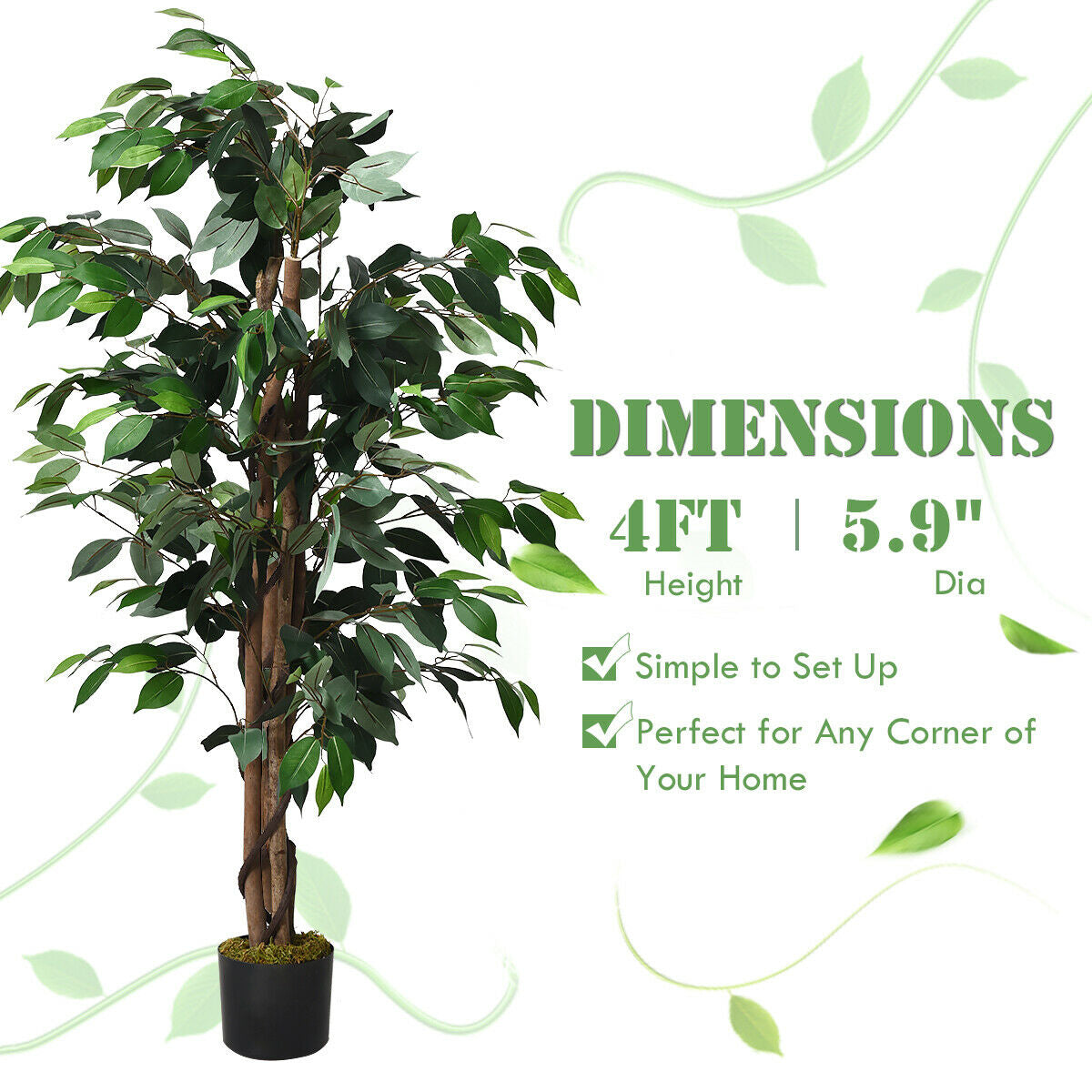 Árbol de seda de ficus artificial de 4 pies para interiores y exteriores