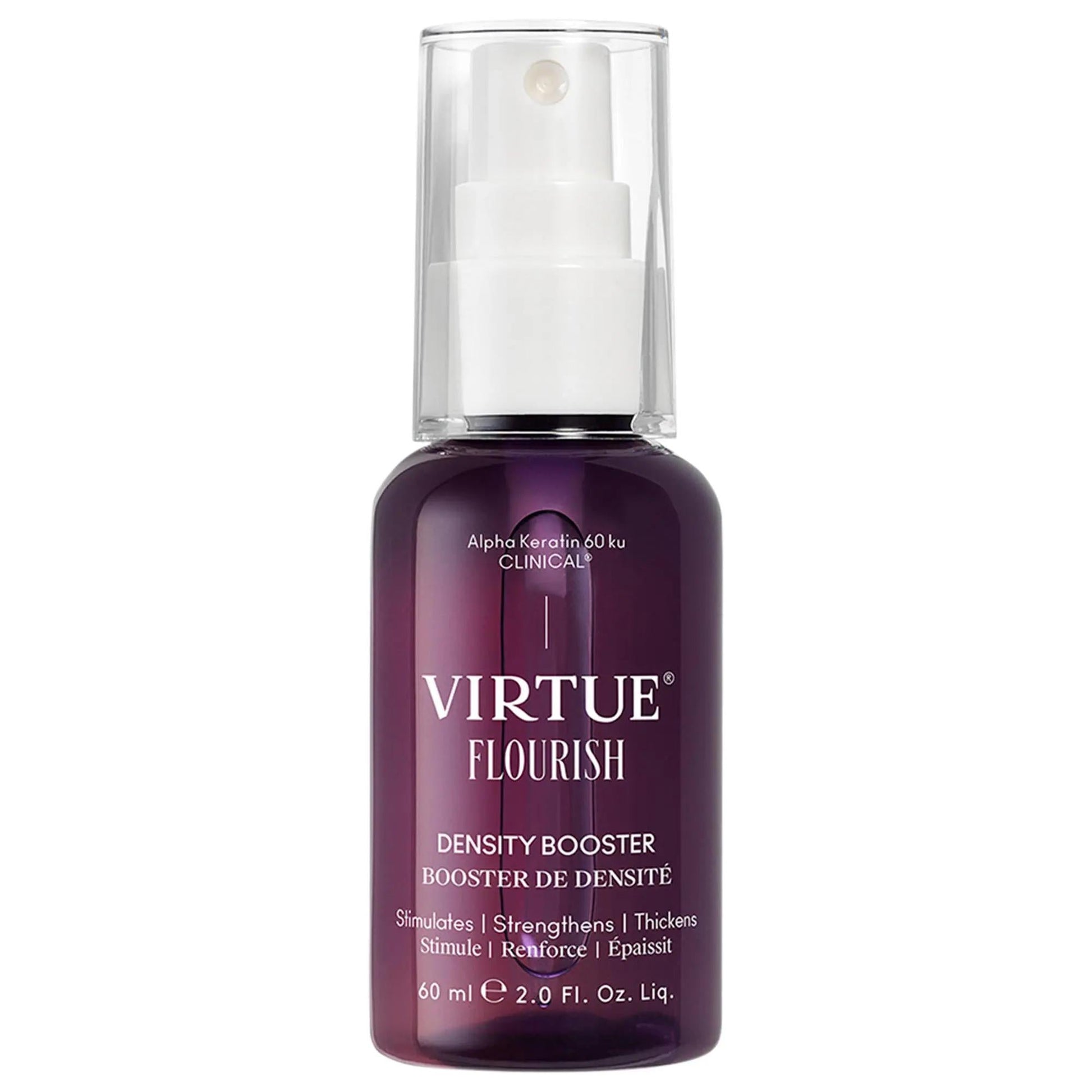 Flourish Density Booster Hair Serum bottle with white pump, purple glass Beauty Care Bag on Tampa Home & Garden Store