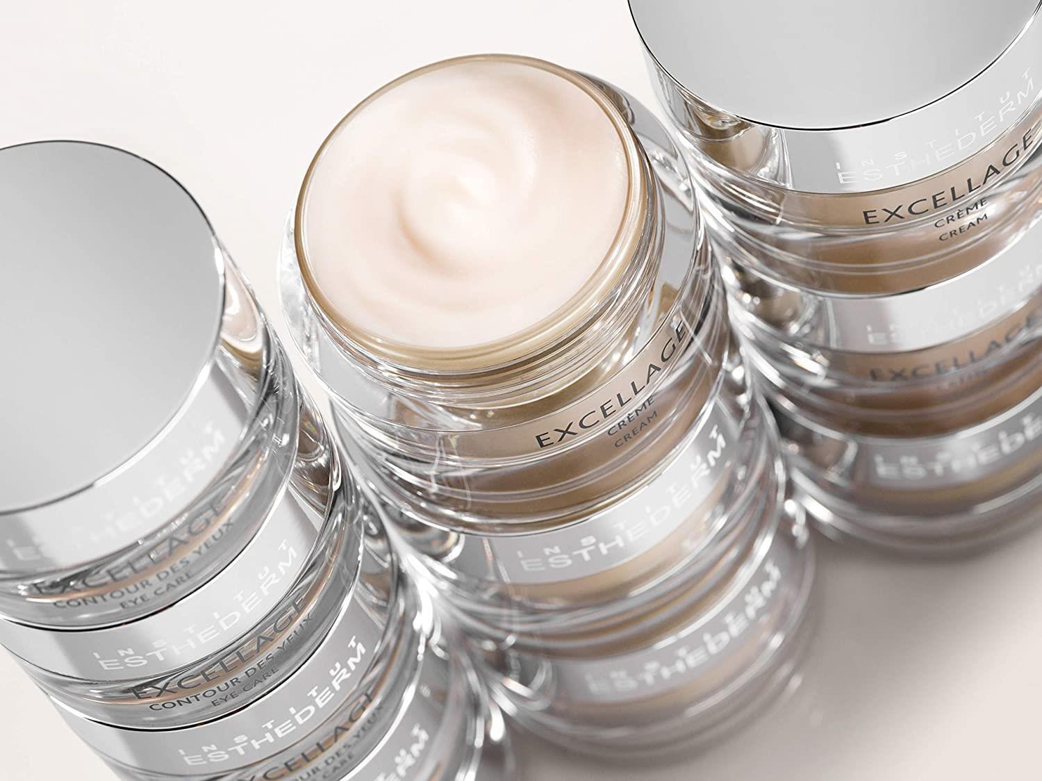 Institut Esthederm Excellage Cream face cream jars with silver lids, stacked on Tampa Home & Garden Store
