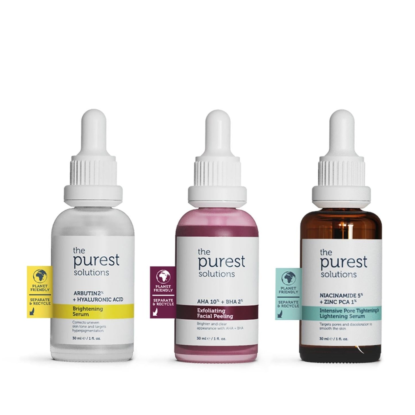 The Purest Solutions Acne Treatment Set: three dropper bottles in white, pink and amber on Tampa Home & Garden Store