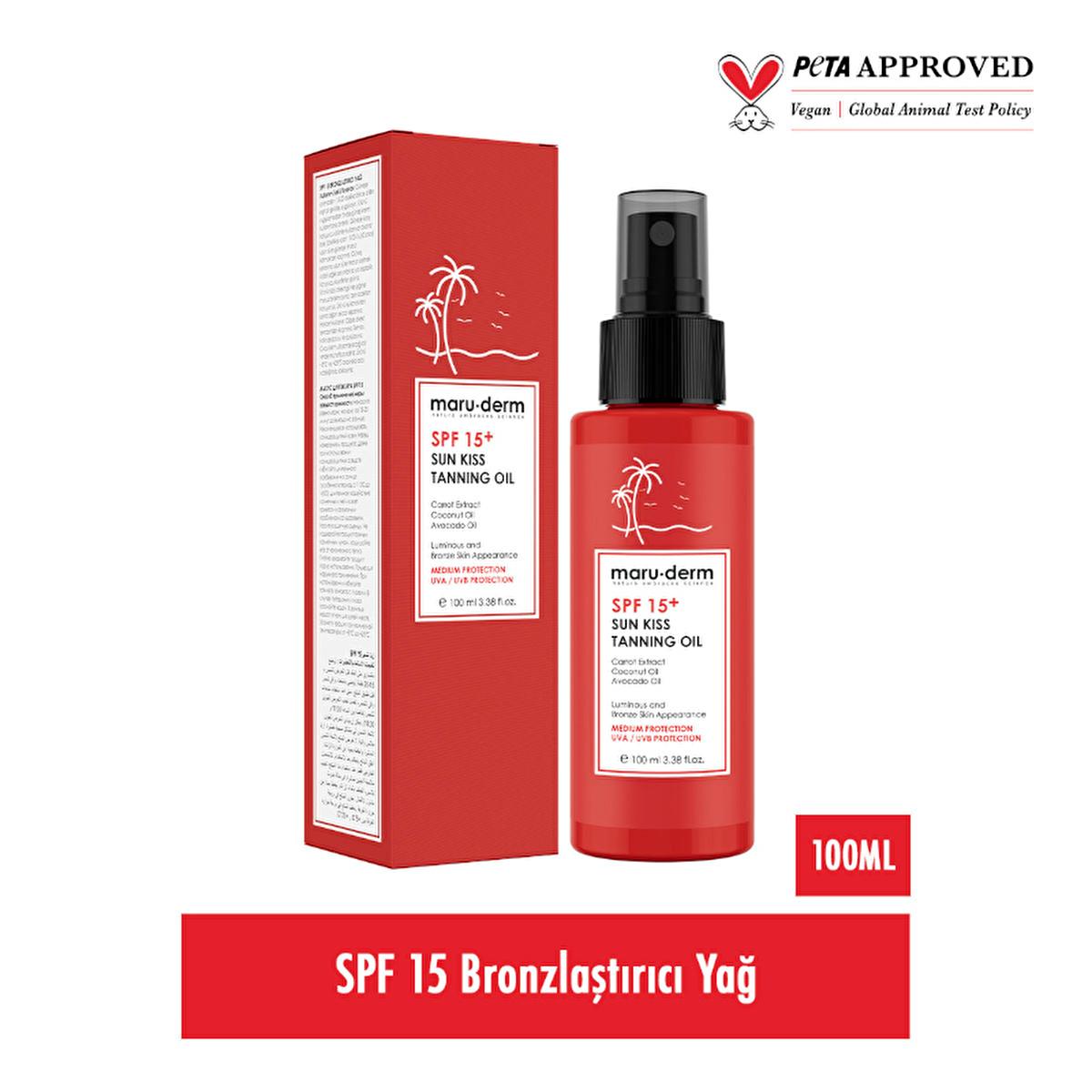 Maru-derm Sun Kiss Tanning Oil SPF 15+ bronzer bottle with red box, 100 ml on Tampa Home & Garden Store