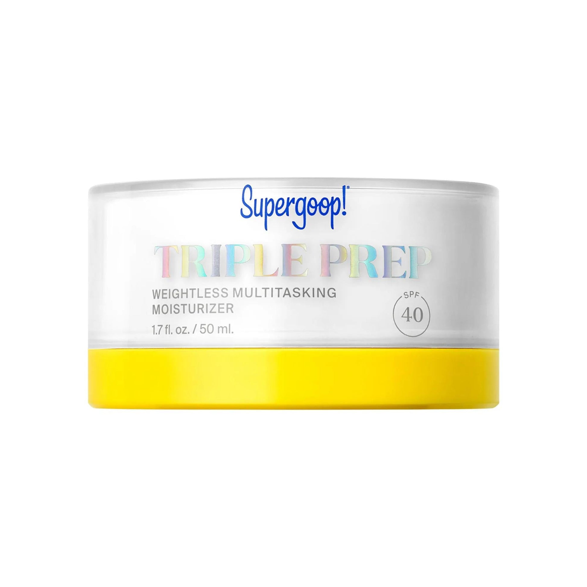 Triple Prep SPF 40 face moisturizer, Supergoop! multitasking cream in white jar with yellow base on Tampa Home & Garden Store