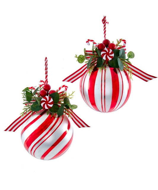 Peppermint Glass Ball With Candy and Greenery Ornament - - Tampa Home & Garden Store