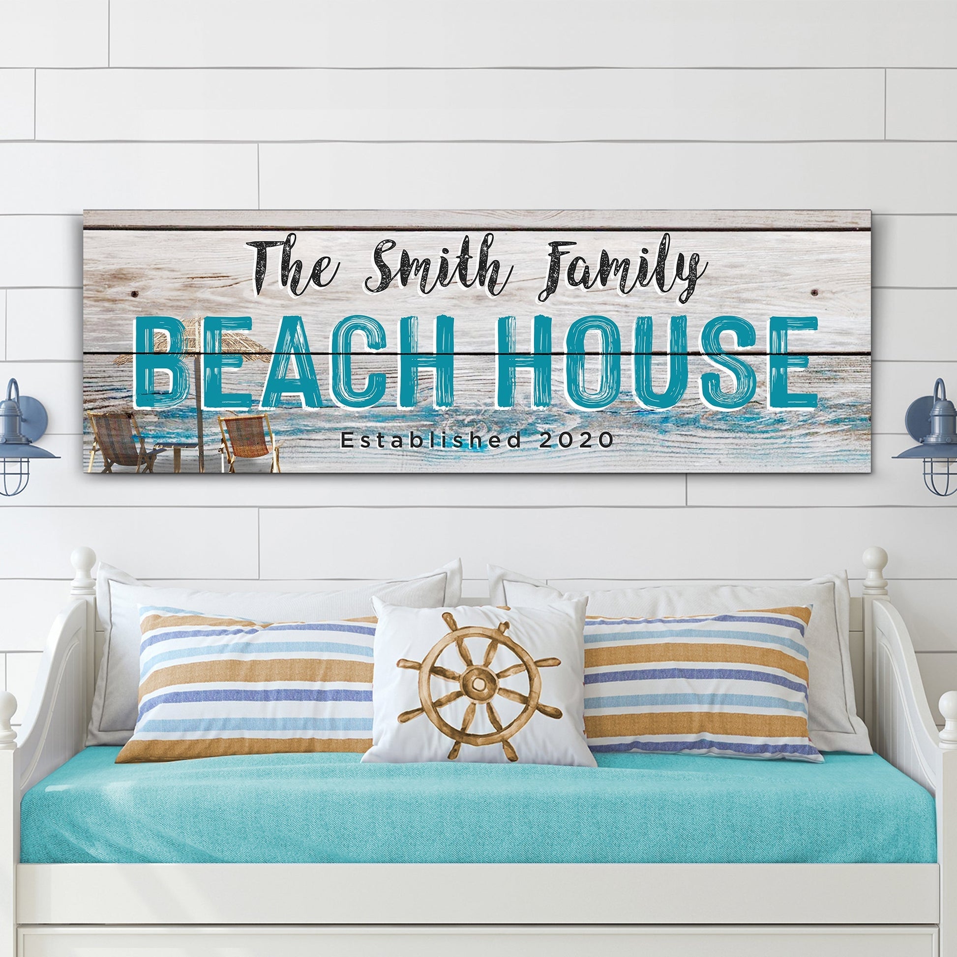 Beach House Sign II canvas by Tailored Canvases with teal BEACH HOUSE on whitewashed wood on Tampa Home & Garden Store