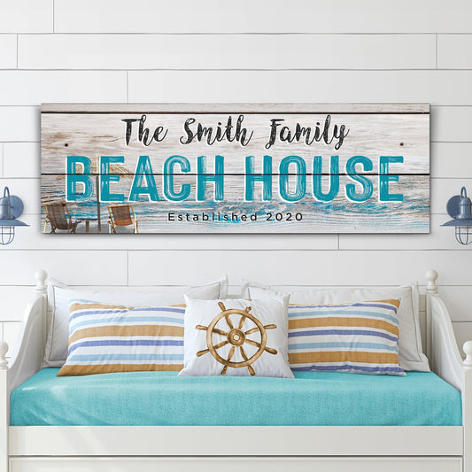 Beach House Sign II canvas by Tailored Canvases with teal BEACH HOUSE on whitewashed wood on Tampa Home & Garden Store