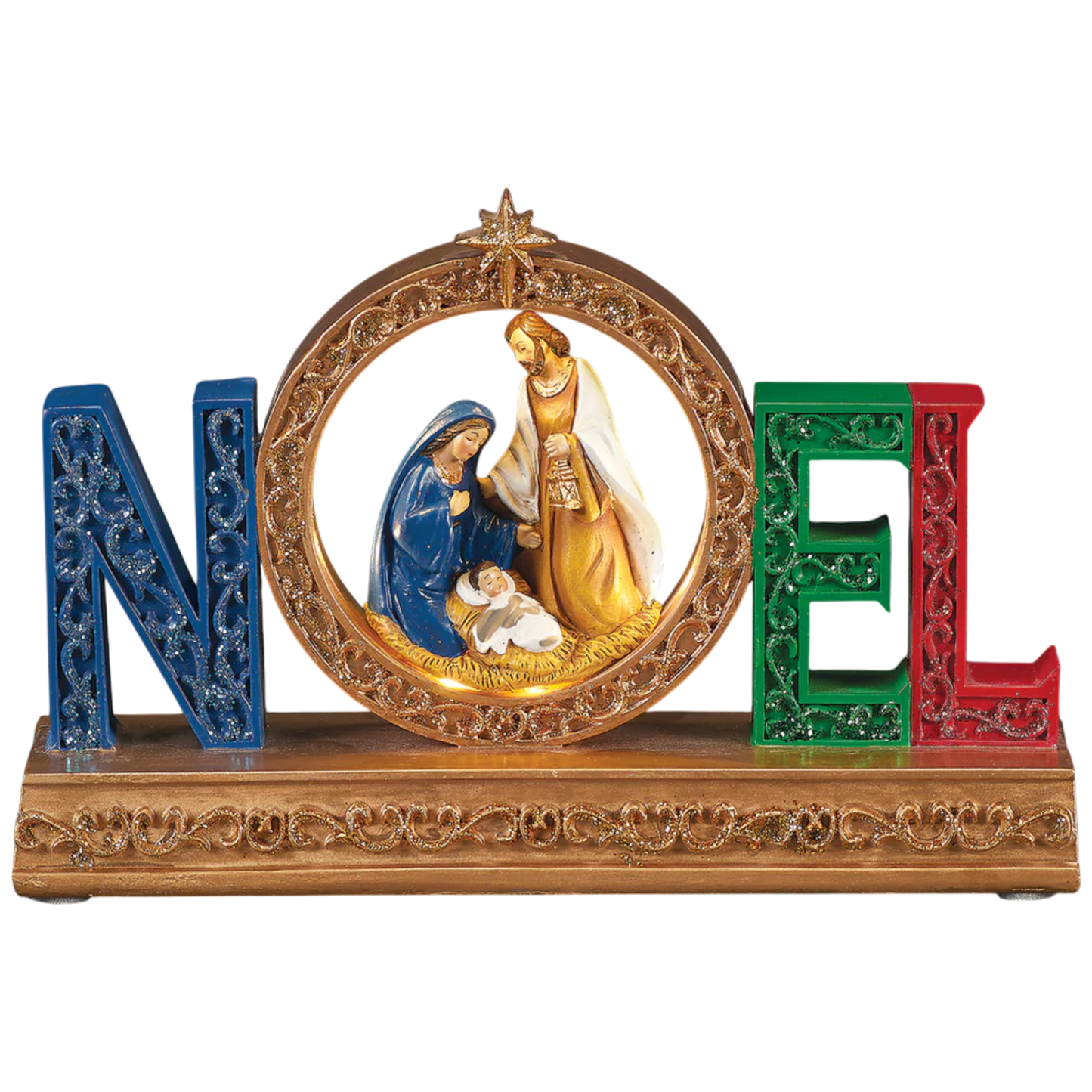 Lighted NOEL Tabletop Nativity Scene with Holy Family in a gold ornate arch on Tampa Home & Garden Store