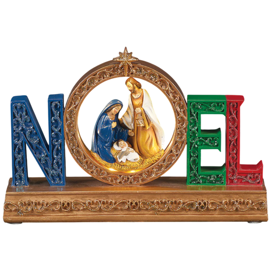 Lighted NOEL Tabletop Nativity Scene with Holy Family in a gold ornate arch on Tampa Home & Garden Store