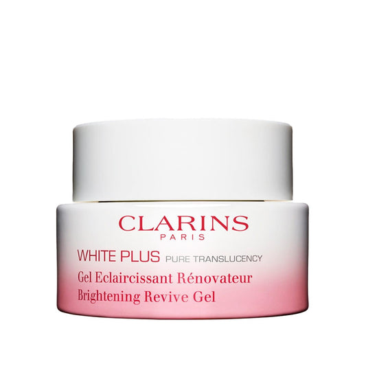 Clarins White Plus Brightening Revive Gel jar with white cap and pink gradient label on Tampa Home & Garden Store