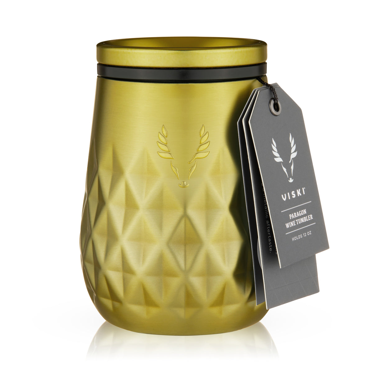 Paragon stainless steel wine tumbler in gold by Viski with black accent band on Tampa Home & Garden Store