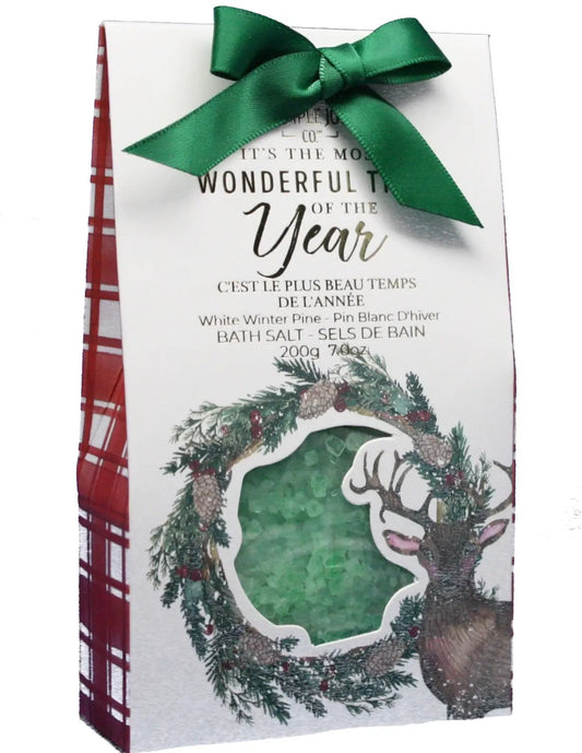 Winter Pine Bath Salts Gift Box with green salts, white box, green ribbon, holiday wreath on Tampa Home & Garden Store