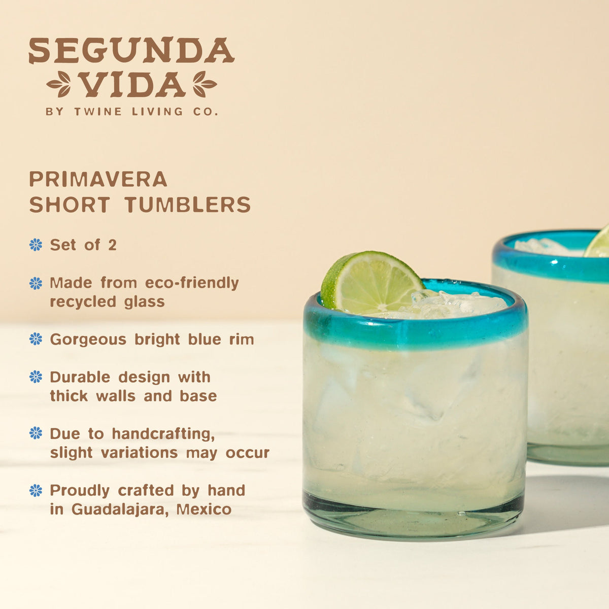 Segunda Vida Primavera Short Tumblers by Twine Living, set of 2, turquoise blue rim on Tampa Home & Garden Store