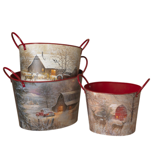 Cubo ovalado de metal con diseño navideño